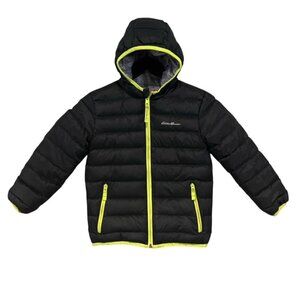 EDDIE BAUER Down Hooded Puffer Coat Boy's Black Green Reversible Size XS 5/6